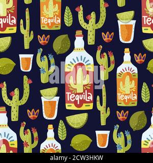 Mexikanischer Tequila nahtlose Vektor-Muster. Traditionelle Alkoholflasche und Schnapsglas mit Limettenscheibe und Kaktusdarstellung. Cartoon Getränk handgezeichnete Kunst auf einem dunklen Hintergrund in einem flachen Stil. Stock Vektor