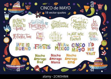 Cinco de Mayo Kalligraphie Vektor-Set. Fiesta Typografie festliche Lettering Grußkollektion. Zitat und Illustration für Karten-, Poster- und T-Shirt-Druck. Stock Vektor