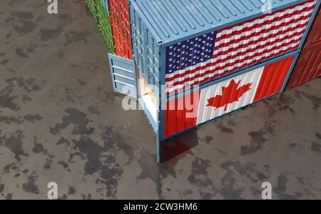 Frachtcontainer mit US und Kanada Nationalflagge. 3D-Rendering Stockfoto