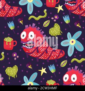 Cute Cartoon Monster Vektor nahtlose Muster in einem flachen Stil. Lustige Kind Alien Charakter Hintergrund. Mutant Tier Comic-Tapete auf einem dunklen Hintergrund. Stock Vektor