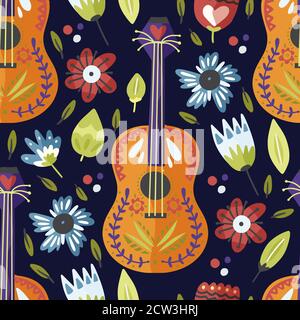 Mexikanische Gitarre Hand gezeichnet Vektor nahtlose Muster in einem flachen Stil. Cartoon Fiesta Party Musik Hintergrund mit Blumen. Cinco de Mayo bunte Illustration. Stock Vektor