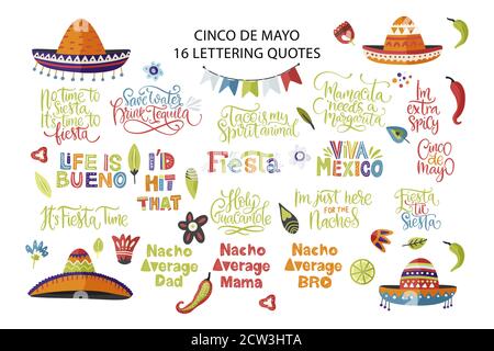 Cinco de Mayo Urlaub Vektor Schriftzug Set. Kalligraphie mexikanische Fiesta Party handgezeichnete Sammlung. Typografie Gruß Festival Zitate. Viva Mexico. Stock Vektor