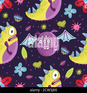 Cute Cartoon fliegende Monster Vektor nahtlose Muster in einem flachen Stil. Lustige Kind Alien Charakter Hintergrund. Mutant Tier Comic-Tapete auf einem dunklen Hintergrund. Stock Vektor