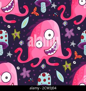 Cute Cartoon Monster Vektor nahtlose Muster in einem flachen Stil. Lustige Kind Alien Charakter Hintergrund. Mutant Tier Comic-Tapete auf einem dunklen Hintergrund. Stock Vektor