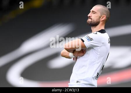 Cesena, Italien. September 2020. CESENA, ITALIEN - 27. September 2020: Andrej Galabinov von Spezia Calcio feiert nach einem Tor während der Serie EIN Fußballspiel zwischen Spezia Calcio und US Sassuolo. (Foto von Nicolò Campo/Sipa USA) Quelle: SIPA USA/Alamy Live News Stockfoto