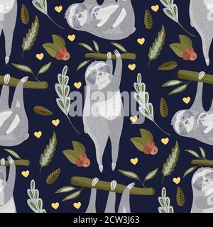 Cute Faultier Cartoon Vektor nahtlose Muster in einem flachen Stil. Slow Lazy Animal Family Natur Kinderdruck auf einem dunklen Hintergrund. Stock Vektor