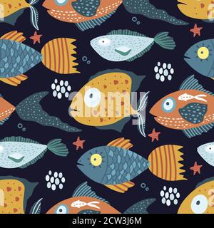 Unterwasser Cartoon lustige Fisch nahtlose Tier Vektor-Muster. Kunstvoll verzierte Kinder Meer Illustration in einem flachen Stil. Tropischer Ozean niedlichen Sommer Hintergrund. Stock Vektor