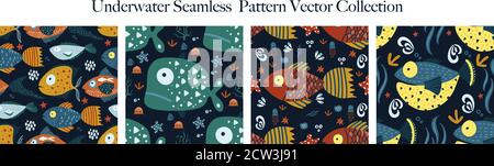 Unterwasser Cartoon lustige Fisch nahtlose Tier Vektor Muster Set. Kunstvoll verzierte Kinder Meer Illustration in einem flachen Stil. Tropischer Ozean niedlichen Sommer Hintergrund Kollektion. Stock Vektor