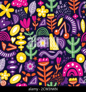 Collage Stil nahtlose Muster mit abstrakten und organischen Formen in hellen Farben auf dunkel. Modernes und originelles Textil, Geschenkpapier, Wandkunst Design. Stock Vektor