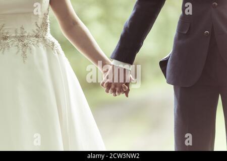 Nahaufnahme von Braut und Bräutigam, die die Hände halten Stockfoto