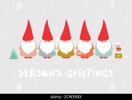 Weihnachtsgrüße. Weihnachtskarte mit niedlichen kleinen Gnomen. Vektordesign Stock Vektor