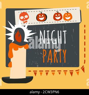 Nachtparty an Halloween, angezündete Kerze und Kürbisse Stock Vektor