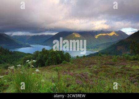 Erhöhte Landschaftsaufnahme der fünf Schwestern der Kintail Mountain Range und Loch Duich, Glen Shiel, West Highlands, Schottland, Großbritannien Stockfoto