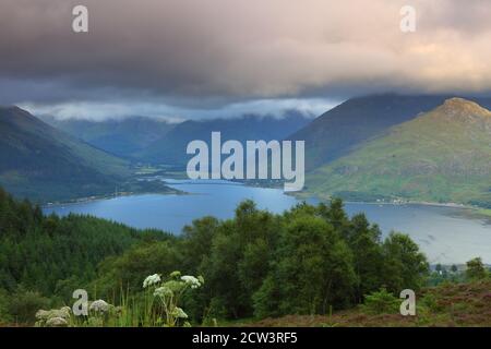 Erhöhte Landschaftsaufnahme der fünf Schwestern der Kintail Mountain Range und Loch Duich, Glen Shiel, West Highlands, Schottland, Großbritannien Stockfoto