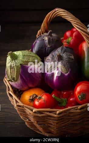 Frische Herbsternte von Bio-Gemüse, Paprika mit Tomaten, Auberginen und Kürbis, Gemüse in einem Weidenkorb Stockfoto