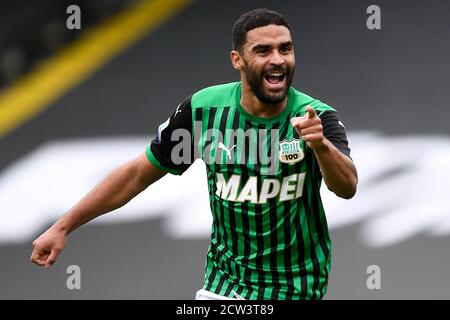 Cesena, Italien. September 2020. CESENA, ITALIEN - 27. September 2020: Gregoire Defrel von US Sassuolo feiert nach einem Tor während der Serie EIN Fußballspiel zwischen Spezia Calcio und US Sassuolo. (Foto von Nicolò Campo/Sipa USA) Quelle: SIPA USA/Alamy Live News Stockfoto