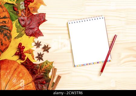 Mockup Herbstkomposition. Papier blank und Bleistift, Kürbisse und Blätter auf Holzgrund. Herbst, hell gefallene Blätter, Danksagung Konzept. Flach Stockfoto