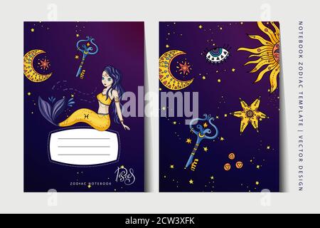 Zodiac Fische Mädchen Notizbuch Vektor Vorlage. Buchlayout für papierformate a3, a4, a5. Schulbildung Kunst. Astrologie Frau, Horoskop Symbol. Design des Deckbels. Stock Vektor