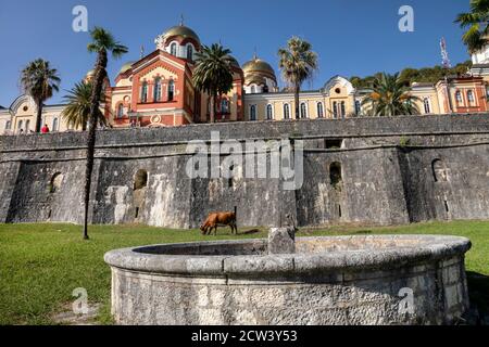 Ein Blick auf das Neue Athos Kloster (St. Simon die kanaanäische Kirche) Und Wand im 19. Jahrhundert den Fuß des Berges gegründet Athos in Abchasien Stockfoto