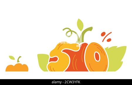 Herbstangebot Rabatt Banner. Bis zu 50 % Rabatt auf Banner für Ihre Website. Big Pumpkin Yellow Tag Vorlagen mit speziellen Angeboten. Isolierter Vektor Abb. Stock Vektor