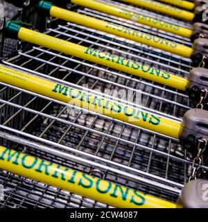 London UK, September 27 2020, Morrisons Supermarket Shopping Trolleys with No People Stockfoto