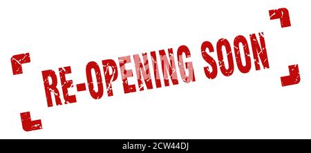 Wiedereröffnung bald Stempel. Quadratisches Grunge Zeichen auf weißem Hintergrund Stock Vektor