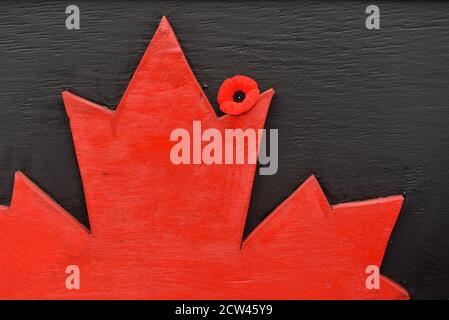 Canada Blatt und Mohn aus Holz. Remembrance Day. Mohntag. Kanada Tag. Stockfoto