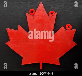 Canada Blatt und Mohn aus Holz. Remembrance Day. Mohntag. Kanada Tag. Stockfoto