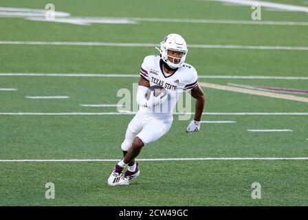 Alumni-Stadion. September 2020. MA, USA; Texas State Bobcats Wide Receiver Jeremiah Haydel (3) in Aktion während des NCAA Fußballspiels zwischen Texas State Bobcats und Boston College Eagles im Alumni Stadium. Anthony Nesmith/CSM/Alamy Live News Stockfoto