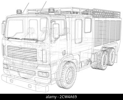 Vector Drahtrahmen Feuerwehrfahrzeug. Die Schichten von sichtbaren und unsichtbaren Linien werden getrennt. EPS10-Format. Vektor von 3d erstellt. Stock Vektor