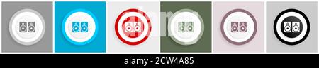 Set aus Musiklautsprechern, Lautsprechersymbol-Set, farbenfrohe Vektorgrafiken in flachem Design in 6 Optionen für Webdesign und mobile Anwendungen Stock Vektor