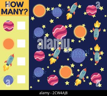 Zählspiel für Vorschulkinder. Pädagogisch ein mathematisches Spiel. Zählen Sie, wie viele Raumschiffe Stock Vektor