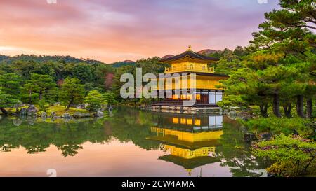 Kyoto, Japan in der Kinkaku-ji, Tempel des Goldenen Pavillon in der Abenddämmerung. Stockfoto