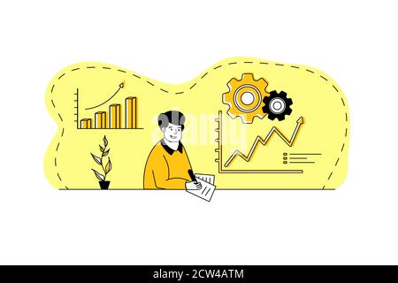 Arbeiten zu Hause Konzept-Design. Freiberuflicher Mann, der im Haus, im Büro arbeitet. Online-Studie, Bildung. Sitzen am Tisch am Arbeitsplatz Stock Vektor