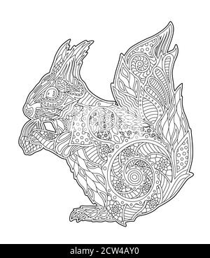 Erwachsene Malbuch Seite mit schönen Eichhörnchen Silhouette auf weiß Hintergrund Stock Vektor