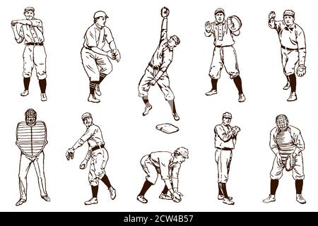 Set von alten Baseball-Spieler, nach antiken Illustrationen aus dem 19. Jahrhundert Stock Vektor