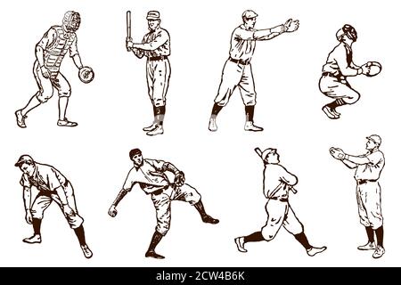 Set von historischen Baseball-Spieler, nach Vintage-Illustrationen aus dem 19. Jahrhundert Stock Vektor