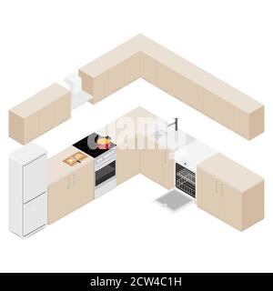Isometrische moderne Küche Interieur. Möbel und Küchengeräte.Schränke Regale Utensilien Backofen und Dunstabzugshaube realistisch Stock Vektor