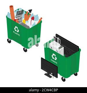 Müll in Mülltonnen mit sortiertem Müll und Müllwagen. Recycling Mülltrennung Sammlung und recycelt isoliert auf weißem Hintergrund Stock Vektor