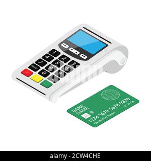 Neue intelligente POS-Terminal-Bezahlmaschine mit Bank-Kreditkarte isoliert auf weißem Hintergrund. Bankzahlungsterminal. NFC-kontaktlose Zahlungen werden verarbeitet Stock Vektor
