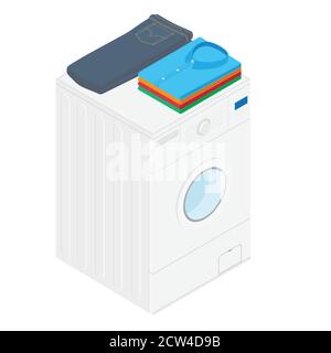 Waschkonzept Waschmaschine mit Jeans und gestapelten Herrenhemden Isometrische Ansicht Stock Vektor