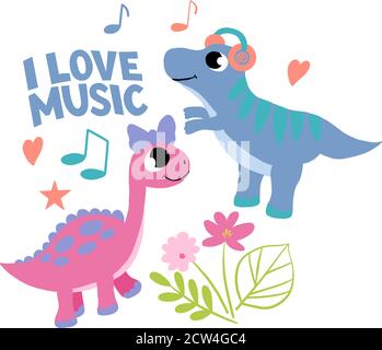 Vektorbild mit niedlichen Dinosaurier, Blumen und die Inschrift - ich liebe Musik. Zum Dekorieren von Plakaten im Kinderzimmer, Drucke für Kleidung, Tassen, Notizbuch Stock Vektor