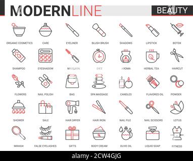 Schönheit Kosmetik flache Symbol Vektor Illustration Set. Rot schwarz dünne Linie Website-Design, Gesicht oder Körper Hautpflege Bio-Kosmetik, Spa Salon Artikel für schöne Frau, Aromatherapie Outline Kollektion Stock Vektor