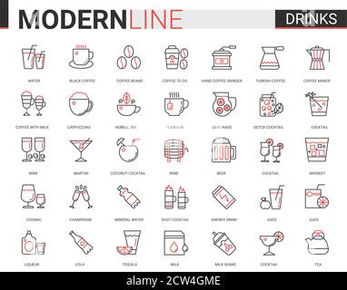 Trinken flach dünne rote schwarze Linie Symbole Vektor Illustration Set, skizzieren trinken Flüssigkeit und Getränke Website Symbole Sammlung von Kaffee oder Tee Tasse und Ausrüstung, Alkohol Cocktails, Café oder Bar-Menü Stock Vektor