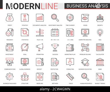 Business Analytics flach dünne rote schwarze Linie Symbole Vektor Illustration Set, Geschäftsmann Analyst Tools für die digitale Analyse Aktienmarktinformationen, Consulting-Strategie umreißen Web-Symbole Sammlung Stock Vektor