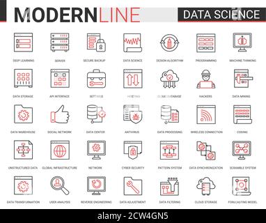 Data Science dünne rote schwarze Linie Symbol Vektor Illustration Set mit Umriss Symbole Sammlung von wissenschaftlichen Technologien in Datenbank-Speicher Internet-Systeme, Cyber-Sicherheit der Netzwerkverbindung Stock Vektor