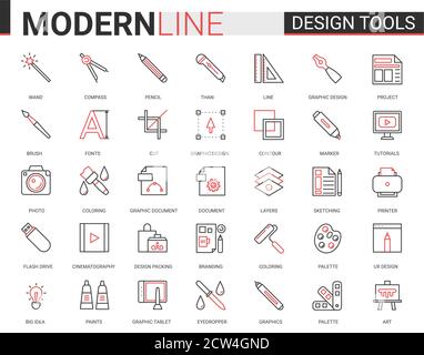 Kunst Design-Tool flach dünne rote schwarze Linie Symbole Vektor Illustration Set, skizzieren professionelle kreative künstlerische Studio Artikel Sammlung von Designer Piktogramm Prozess-Ausrüstung, Innen-Reparatur-Lieferungen Stock Vektor