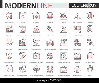 Eco Energy Flat Icon Vektor-Illustrationsset. Red black Thin line Website Design Sammlung von ökologischen Problemen lineare Symbole, Umwelt-Ökosystem-Schutz und grüne Abfälle Recycling-Technologie Stock Vektor