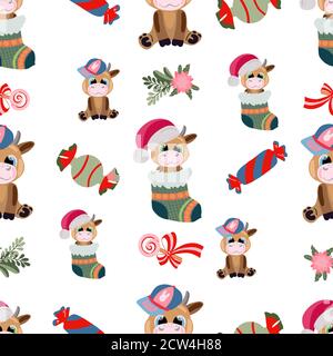 Nahtloses Muster mit niedlichen Weihnachtsbullen, Bonbons, Blumen, auf weißem Hintergrund in Vektorgrafik. Zur Dekoration von Geschenkpapier, Drucke auf Kleidung Stock Vektor