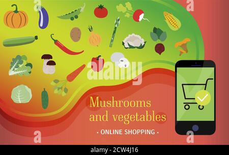 Smartphone-Bildschirm mit Bestellung von Gemüse und Pilzen über die App mit Lieferung nach Hause. Flache Illustration mit einer großen Vielfalt von Öko-Farm Lebensmittel-Produkte über das Internet. Poster für eine Anzeige, Banner für eine Website oder mobile App. Farbenfrohe Kunstwerke. Stock Vektor